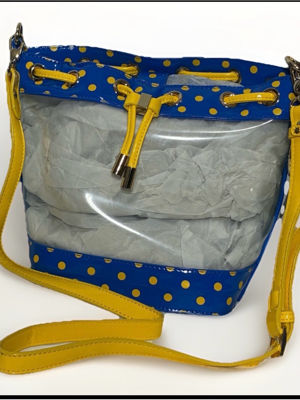 SCORE clear bag blue & ylw. polka dot., Dustbag pouch. Charm NWT game day